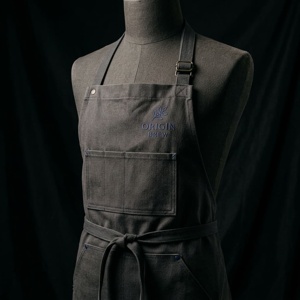 Barista-grade apron in heavy canvas with indigo embroidery